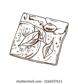 Vector hand drawn illustration of crispbread with tomato, herbs, olives and cheese. Brown and white pastry drawing isolated on white background. Sketch icon and bakery element for print.