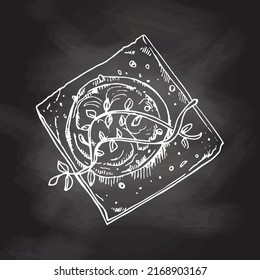 Vector hand drawn illustration of crispbread with tomato and herbs. White sketch isolated on black chalkboard. Sketch icon and bakery element for print, web, mobile and infographics.