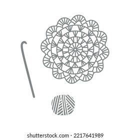 Vector hand drawn illustration of crocheted doily, crochet hook and skein. Knitting and Crochet. Isolated on white background. 
