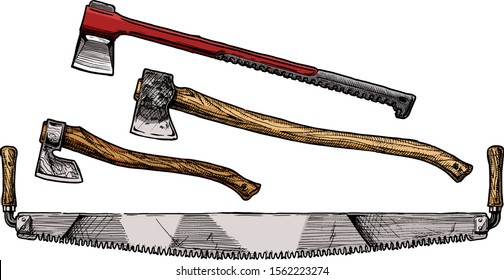 Vector hand drawn illustration of crosscut saw, splitting maul  and felling axe. Lumberjack tool.