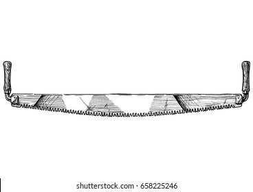 Vector hand drawn illustration of crosscut saw in vintage engraved style. isolated on white background.