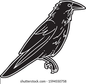 Vector hand drawn illustration of crow. Flat and cartoon style. For print design, cards, tattoo, stickers.