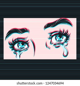 Vector hand drawn illustration of crying eyes. Digital glitch effect.