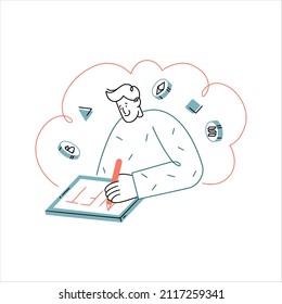 Vector hand drawn illustration. Crypto artist is drawing on tablet the word nft art. Coins of bitcoin and ethereum are flying around with some random figures.
