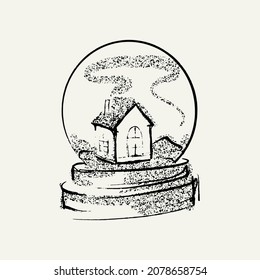 Vector hand drawn illustration of crystal ball with house. Creative artwork. Template for card, poster, banner, print for t-shirt, pin, badge, patch.