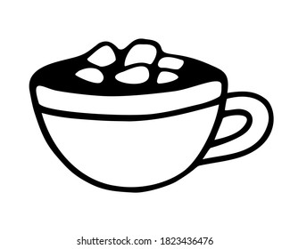 Vector hand drawn illustration of a cup of hot chocolate with marshmallows. Outline doodle isolated on white background
