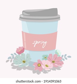 
vector hand drawn illustration of a cup for coffee with the inscription "spring" and flowers in gentle colors on a light background. flat trending illustration for websites, magazines and apps