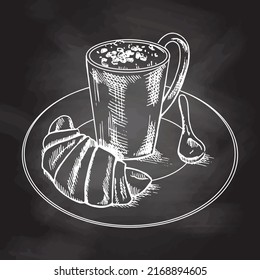 Vector hand drawn illustration of a cup of coffee with a croissant, a spoon on a plate. White sketch isolated on black chalkboard. Sketch icon and bakery element for print, web.