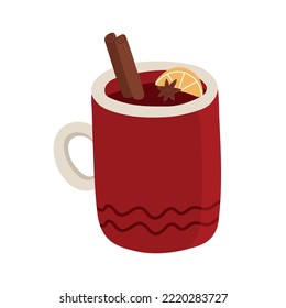 Vector hand drawn illustration of a cup with mulled wine, cinnamon and a slice of orange. Ingredients for mulled wine. Design greeting cards, posters, gift wrapping.