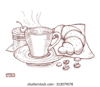 Vector hand drawn illustration with cup of coffee, cake and croissant.