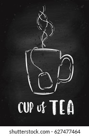 Vector hand drawn illustration. A cup of tea is drawn on the chalk Board. The idea for a cafe, restaurant, poster.