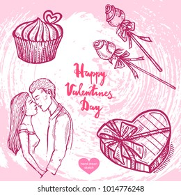 Vector hand drawn illustration of cupcake, fruits, dessert, gift box,kissing couple, text Happy Valentines Day on background with abstract paper texture.Valentines food sketch.Linear vintage art