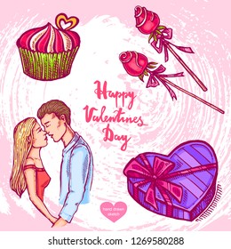 Vector hand drawn illustration of cupcake, fruits, dessert, gift box,kissing couple, text Happy Valentines Day on background with paper texture.Valentines food sketch.Linear art in vintage style 