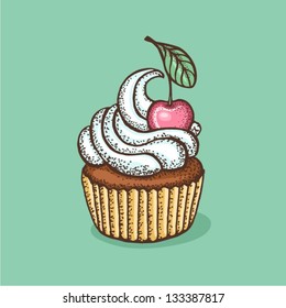 Vector hand drawn illustration of cupcake with cherry