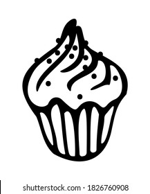 Vector hand drawn illustration of cupcake with frosting and decoration. Outline doodle element isolated on white background