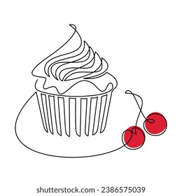 Vector hand drawn illustration. Cupcake muffin cherry cake. Creamy dessert one line continuous drawing. Ice cream linear icon, print, banner, card, logo, sign, symbol, menu. 