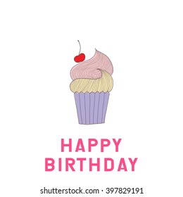 Vector hand drawn illustration of cupcake. Beautiful Birthday Card. Label for your bakery. Invitation. Place for your tex.