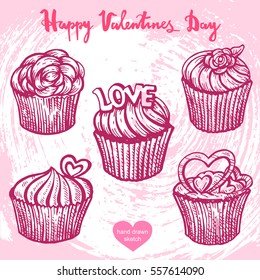 Vector hand drawn illustration of cupcakes,text Happy Valentines Day on background with abstract paper texture.Valentines sweet cupcakes,dessert sketch.Linear art in vintage style for design.