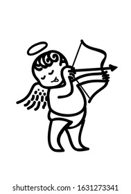 Vector hand drawn illustration of Cupid. The Cupid angel boy turned his head, closed eyes and ready to shoot. Editable EPS vector