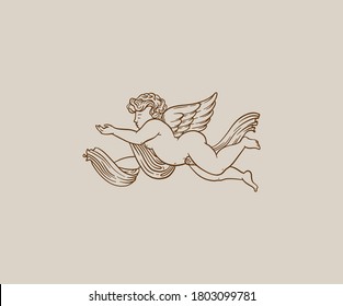 Vector hand drawn  illustration of cupid woth wings.  Creative tattoo artwork. Template for card, poster, banner, print for t-shirt, pin, badge, patch.