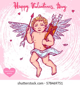 Vector hand drawn illustration of cupid on the background with paper texture. Smiling child with wings, arrows, bow, sketch. Linear art in vintage style for design.