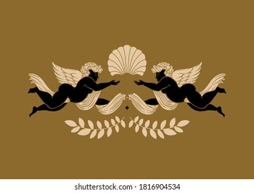 Vector hand drawn illustration of cupids with wings. Creative tattoo artwork. Template for card, poster, banner, print for t-shirt, pin, badge, patch.