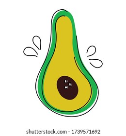 
Vector hand drawn illustration of a cut avocado with a bone in half. Food. Fruit. Eco. Vegetarian. Diet healthy food. Doodley.