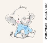 Vector hand drawn illustration of a cute baby elephant in a blue t-shirt.