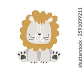 Vector hand drawn illustration of cute sitting lion. Big cat. Cute animals for children. Safari. Jungle. African animals. Perfect for kids products, posters, postcards.