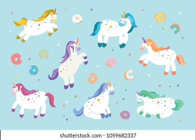 Vector hand drawn illustration of cute unicorns with donuts.