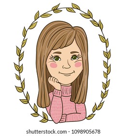 Vector hand drawn illustration of cute cartoon girl with leaf frame.