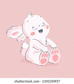 Vector hand drawn illustration with cute little baby rabbit sit and laugh isolated on pink background. For lovely happy birthday card, nursery print, kids poster, tag, banner, baby shower sticker etc.