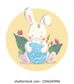 Vector hand drawn illustration with cute little baby rabbit sitting in grass with big easter egg isolated. Good for Happy Easter congratulation, lovely card, nursery print, poster, tag etc.