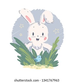 Vector hand drawn illustration with cute little baby rabbit and small bird in grass isolated on white background. Good for lovely baby shower party card, nursery print, HB poster, tag, banner, sticker