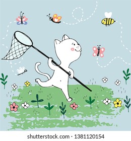 Vector hand drawn illustration of cute white cat catches flying insects with butterfly net, summer day, lovely card drawn with colored crayons