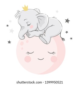Vector hand drawn illustration of a cute baby elephant, sleeping on the pink moon.