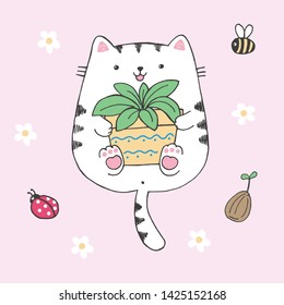 Vector hand drawn illustration of cute white cat with flowerpot in his hands, flowers, insects, kawaii kitten drawn in anime style hugging a pot with home plant isolated on pink background