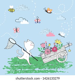 Vector hand drawn illustration of cute white cat catches flying insects with butterfly net, summer day, lovely card drawn with colored crayons, wood cart with flowers