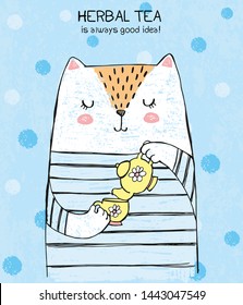 Vector hand drawn illustration of cute white cat with teapot, cup, lettering herbal tea is alays good idea, sketch card on scratched grunge blue background with snowballs drawn with colored crayons