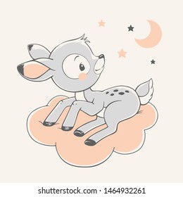 Vector hand drawn illustration of a cute deer, sitting on the cloud.