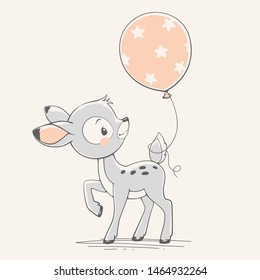 Vector hand drawn illustration of a cute baby deer with a balloon.