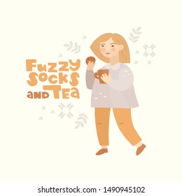 Vector hand drawn illustration. Cute girl and the inscription. Fuzzy socks and tea lettering. Winter background with abstract ornamental shapes. Character in flat style. Xmas greeting card design.
