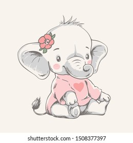 Vector hand drawn illustration of a cute baby elephant in a pink t-shirt.