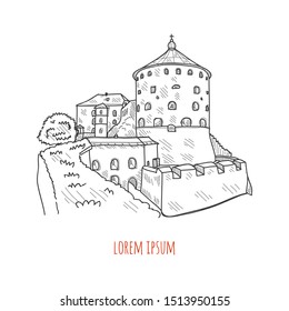 Vector hand drawn illustration with cute castle. May uase as a coloring page