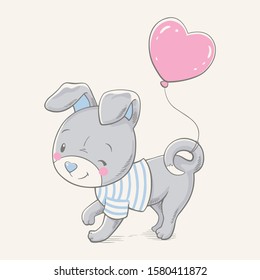 Vector hand drawn illustration of a cute gray puppy with pink balloon.