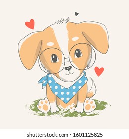 Vector hand drawn illustration of a cute baby dog