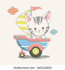 Vector hand drawn illustration of a cute baby kitten marine