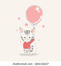 Vector hand drawn illustration of a cute baby kitten with a balloon.
