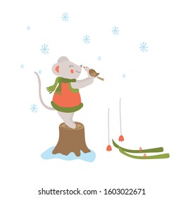 Vector hand drawn illustration of a cute little mouse on a stump with a bird in her hands. It's snowing and they are happy and joyful.There are skis near them. Isolated on white background.