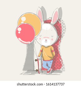 Vector hand drawn illustration of a cute baby bunny with skateboard and balloons. Can be used for t-shirt print, kids wear fashion design, baby shower invitation card.